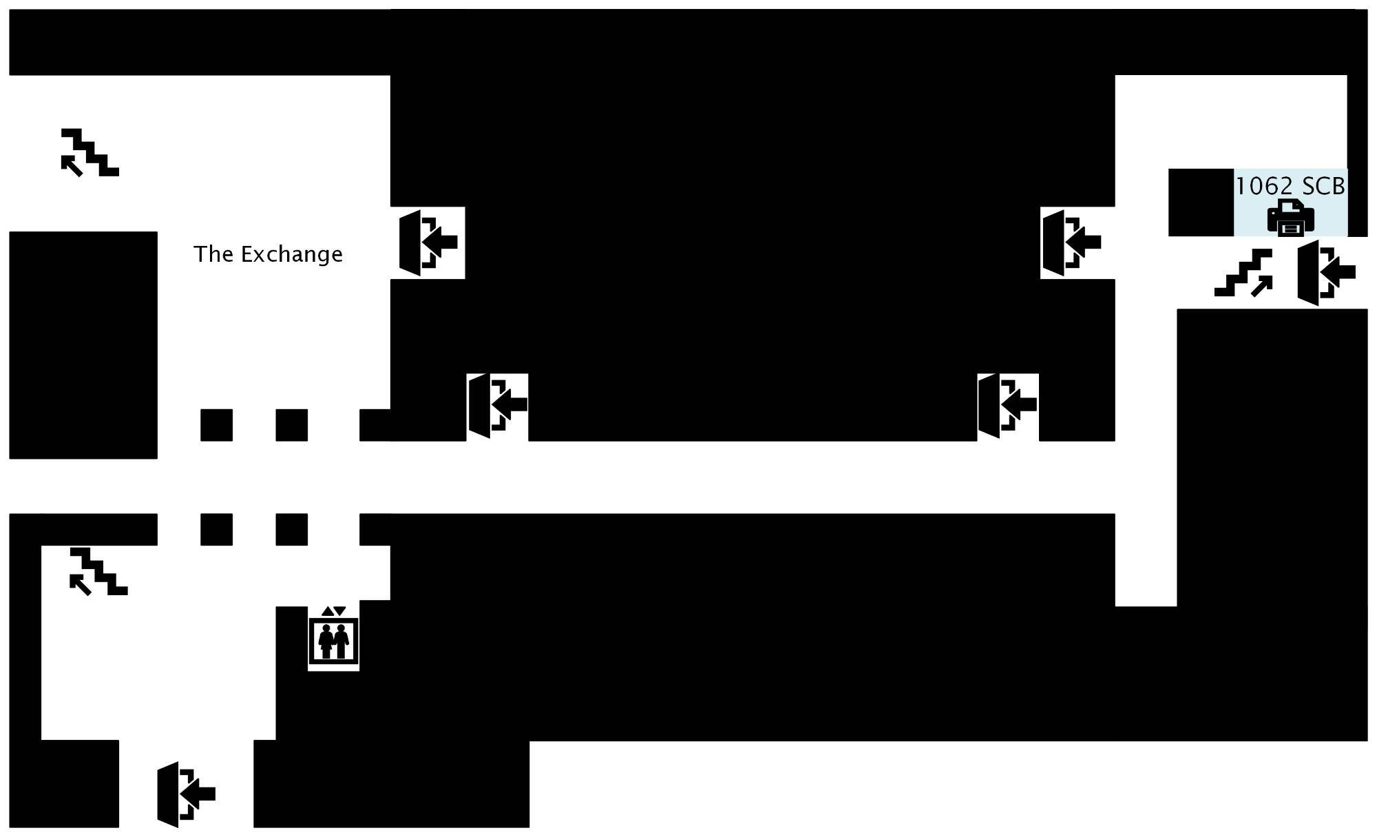 A map of the first floor of the Seidman Center, indicating a printer with print, copy, and scanning capabilities is available in SCB 1062